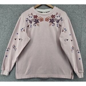 Vtg 90s BLAIR Floral Embroidered Sweatshirt Sz M Pink Double Collar Grandma